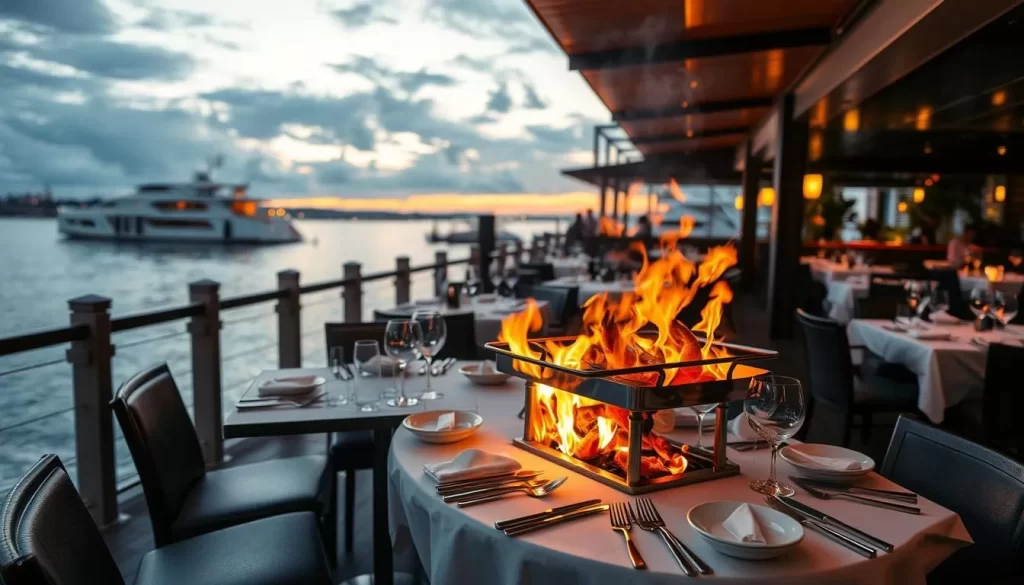 Generate an image of RPM Seafood's waterfront dining area with a tableside ignited seafood grill.