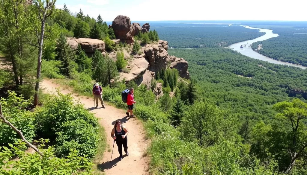 Generate an image of Red Rock Wilderness Overlook Regional Park with hikers on the trail and a scenic view of the Potomac River.