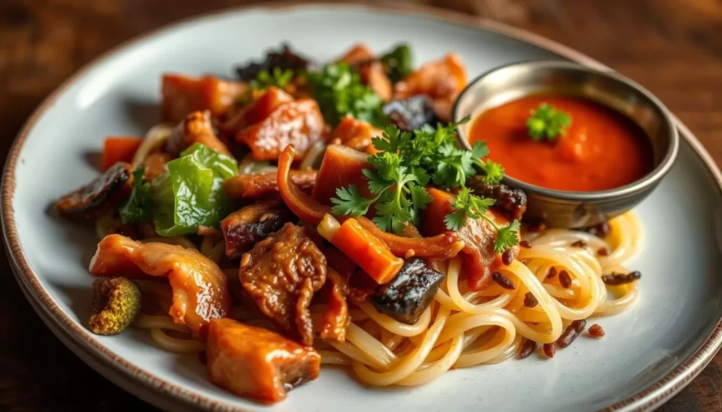 Generate an image of RedFarm's unique fusion dishes, highlighting the blend of Chinese ingredients with American cooking styles.
