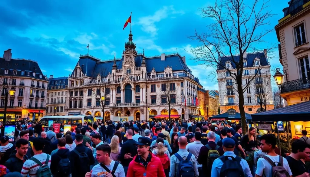 Generate an image of République's exterior with a bustling atmosphere.