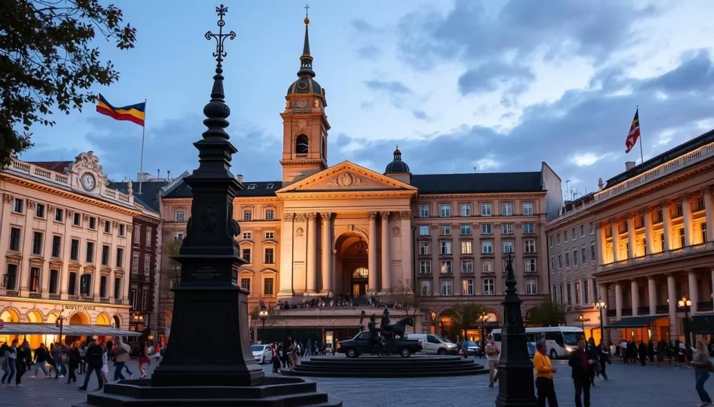 Generate an image of Revolution Square, capturing its vibrant atmosphere and historical monuments.