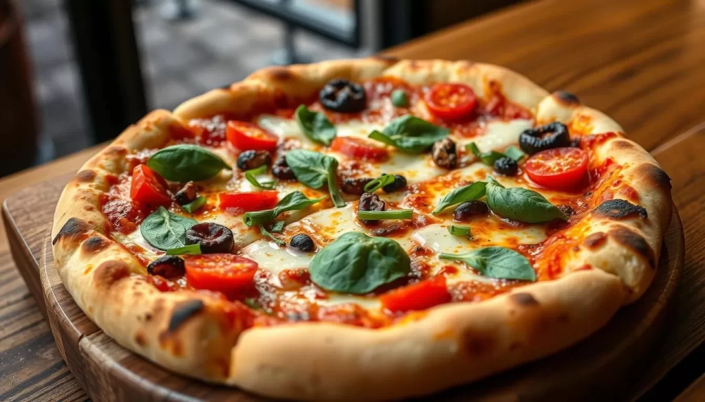 Generate an image of Ria's Detroit-style pizza in Notting Hill, showcasing their refined toppings and presentation.