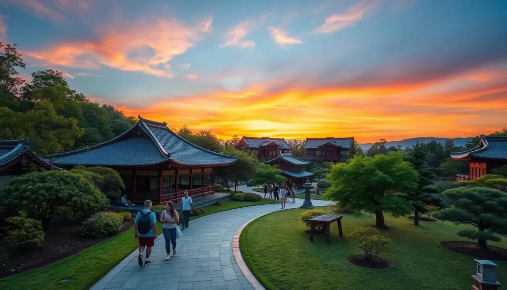 Generate an image of Ritsurin Garden at sunrise, with visitors strolling along its serene pathways.