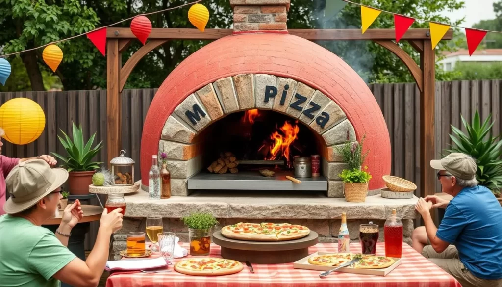 Generate an image of Roberta's outdoor pizza oven and vibrant atmosphere.