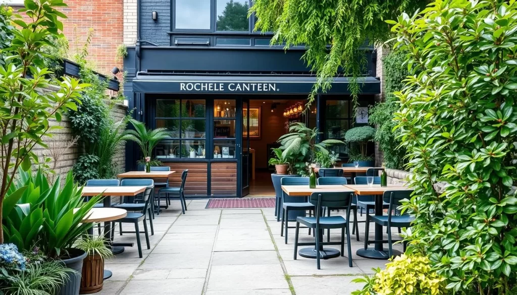 Generate an image of Rochelle Canteen's serene garden setting in Shoreditch, London.