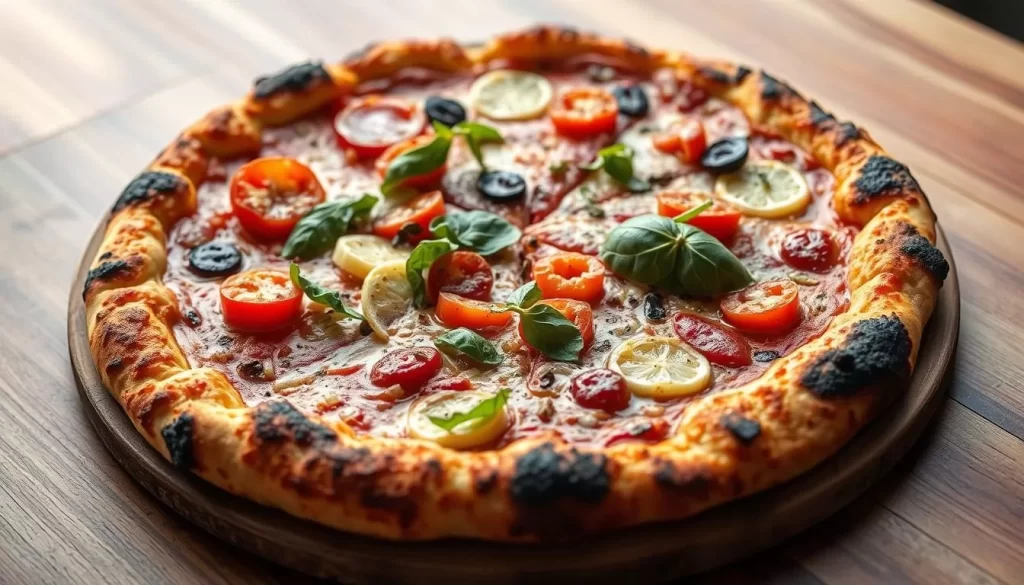 Generate an image of Ronan's wood-fired pizza with a perfectly charred crust and fresh toppings.