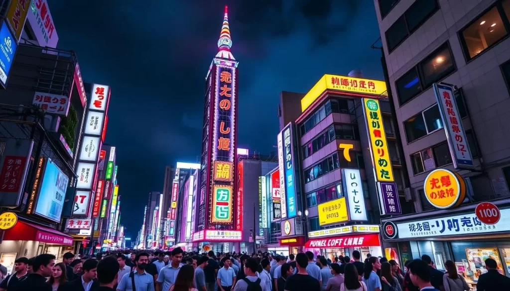 Generate an image of Roppongi's nightlife with neon lights and crowded streets.