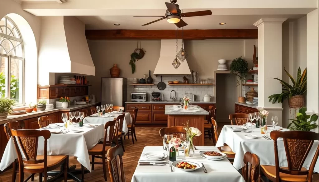 Generate an image of Rose Mary's open kitchen and dining area, highlighting its unique blend of Italian and Croatian flavors.
