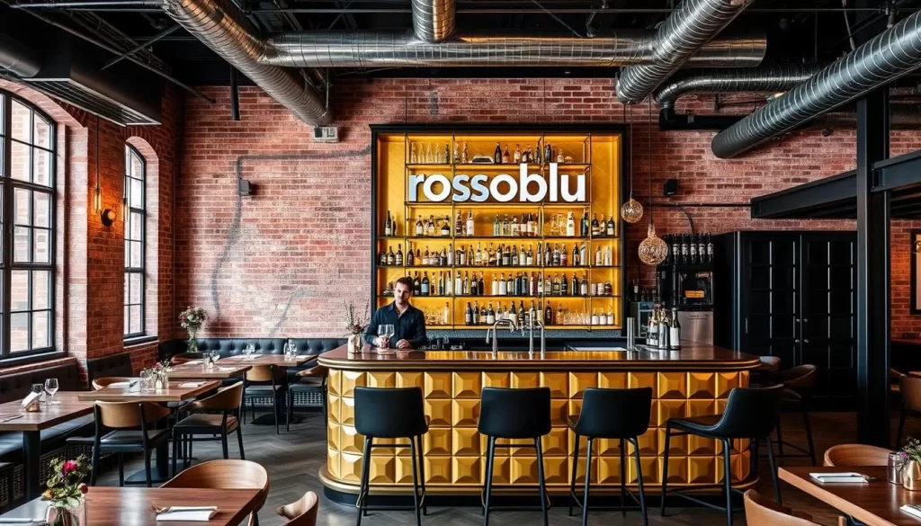 Generate an image of Rossoblu's interior, showcasing its industrial-chic decor and the gold-painted bar.
