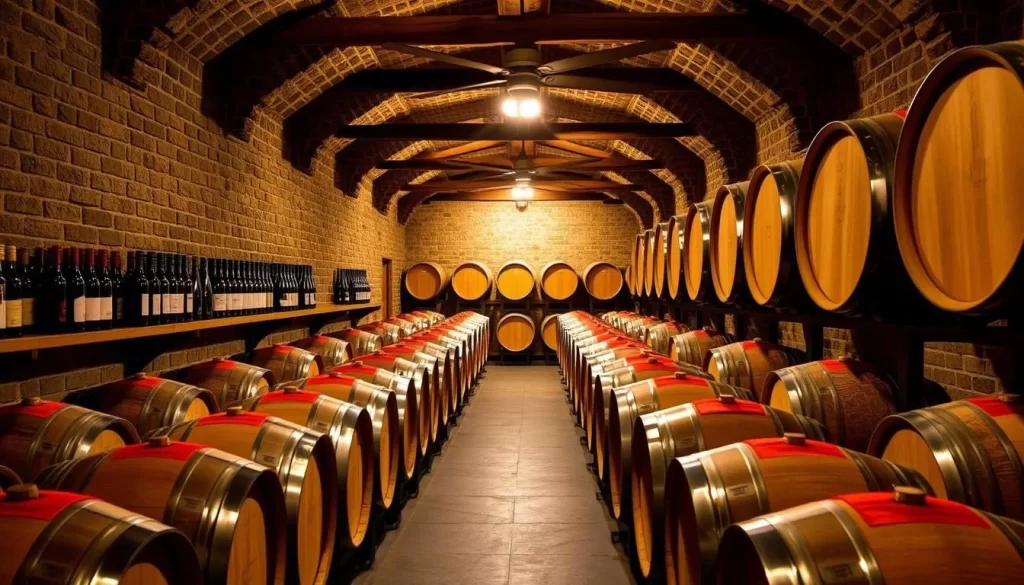 Generate an image of Sadoya Winery's cellar with rows of wine barrels and bottles.