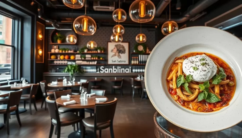 Generate an image of San Sabino, an Italian restaurant in Greenwich Village, showcasing its modern yet cozy interior and a dish that highlights its innovative Italian cuisine.