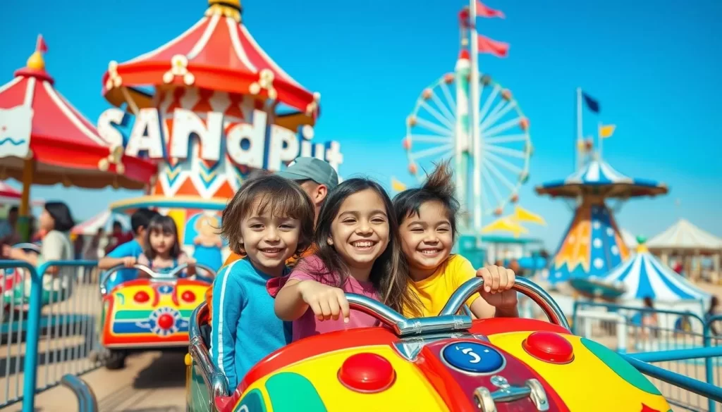 Generate an image of Sandspit Amusement Park with children enjoying the rides.