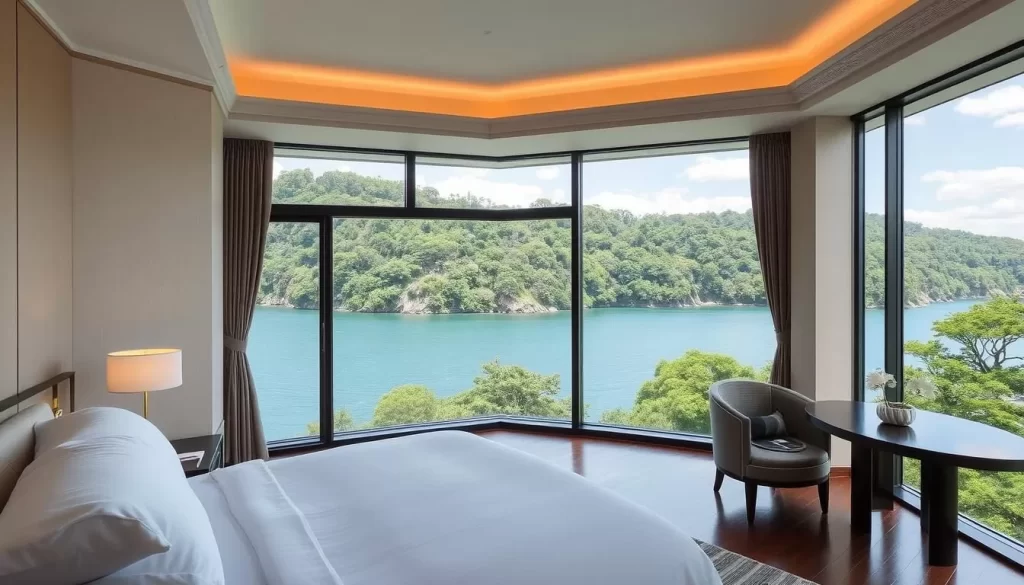 Generate an image of Sankara Hotel Yakushima's luxurious room with a view of the ocean or surrounding forest.