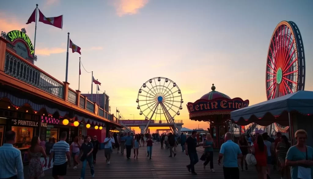 Generate an image of Santa Monica Pier at sunset with street performers and the Ferris wheel in the background