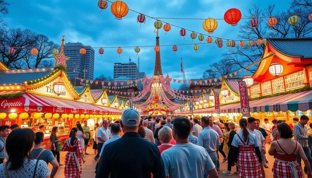 Generate an image of Sapporo's Odori Park during the summer festival, with a vibrant beer garden and people enjoying traditional Bon Odori dance.