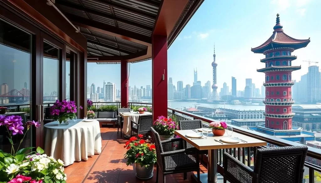 Generate an image of Shanghai Terrace at the Peninsula Hotel, showcasing its beautiful fourth-floor terrace with fresh flowers and a view of the historic Water Tower.