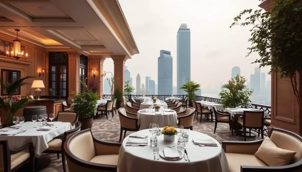 Generate an image of Shanghai Terrace at the Peninsula Hotel, showcasing its elegant ambiance and beautiful fourth-floor terrace.