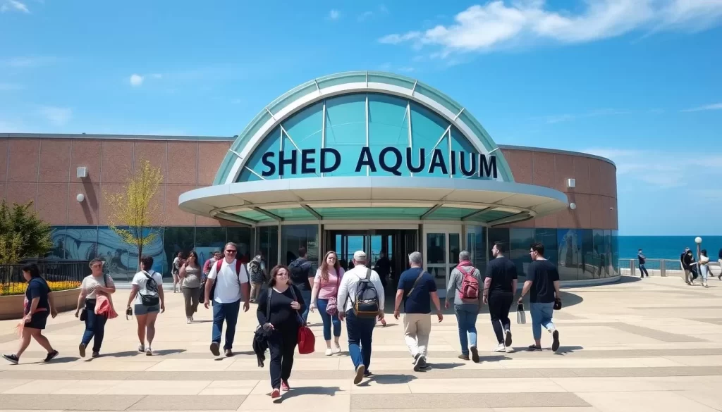 Generate an image of Shedd Aquarium's main entrance with visitors walking towards it, surrounded by beautiful Lake Michigan views.