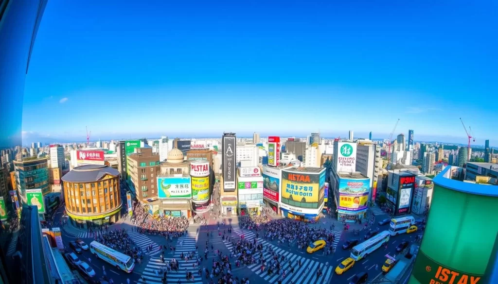 Generate an image of Shibuya Sky Observation Deck with a clear view of Shibuya Crossing