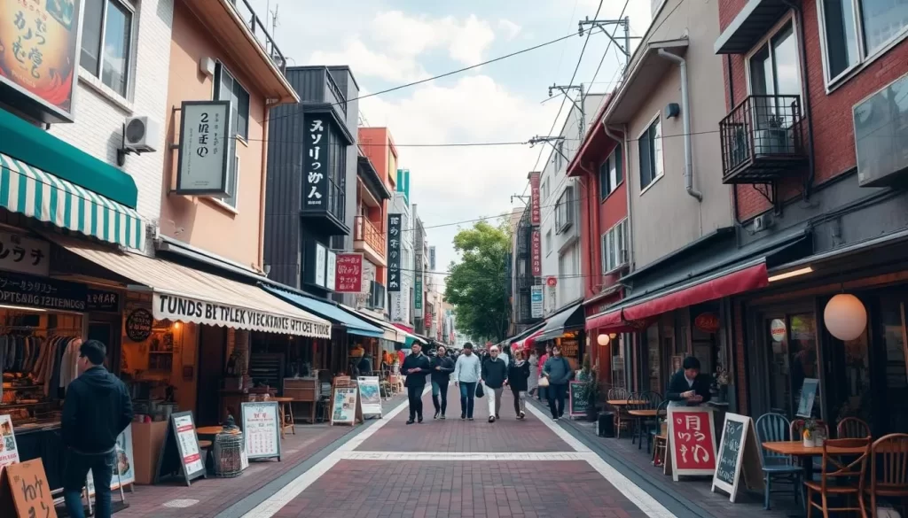 Generate an image of Shimokitazawa's vibrant streets, showcasing its unique blend of vintage shops, trendy cafes, and lively bars.