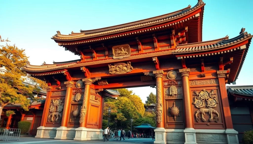 Generate an image of Shinagawa Shrine's Dragon Gate, showcasing its intricate carvings and historical significance.