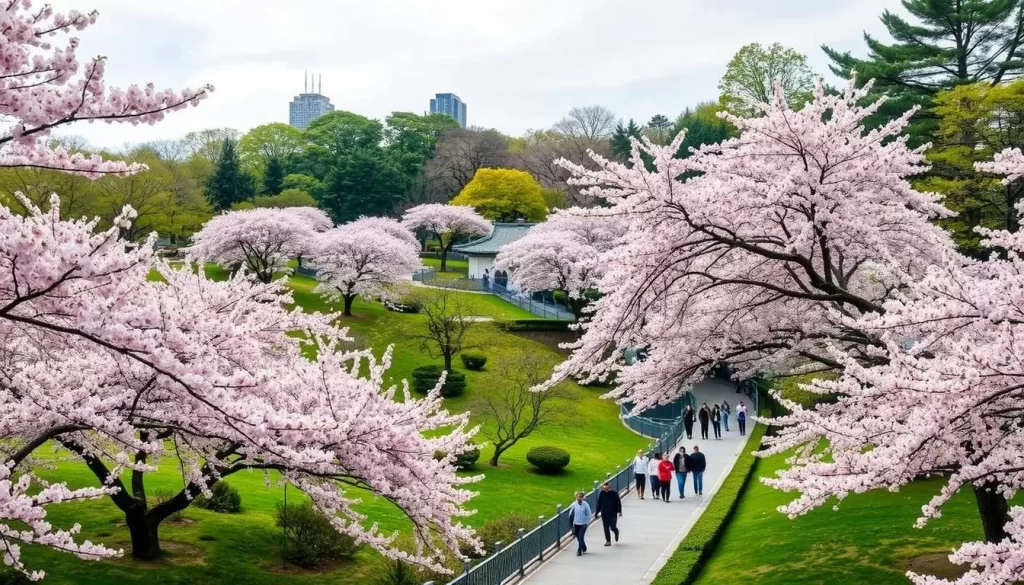 Generate an image of Shinjuku Gyoen National Garden during cherry blossom season.