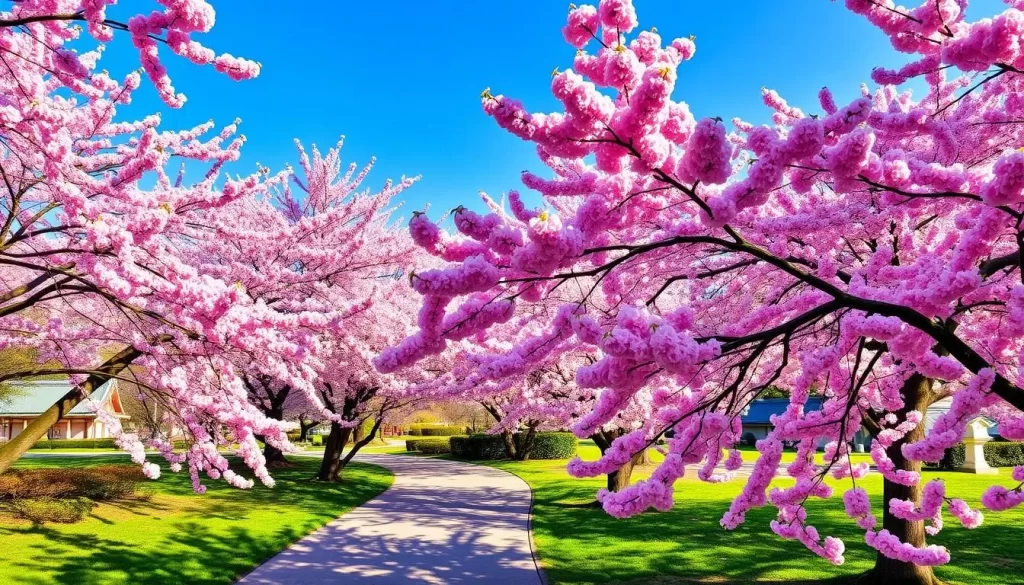 Generate an image of Shinjuku Gyoen during cherry blossom season