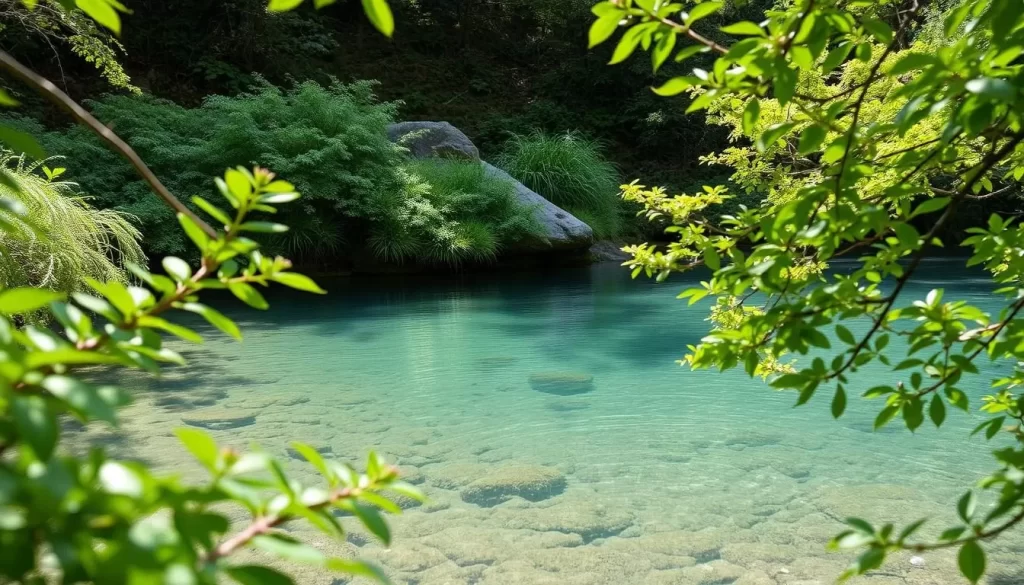 Generate an image of Shirakawa Suigen spring in Minamiaso Village, showcasing its crystal-clear waters surrounded by lush greenery.