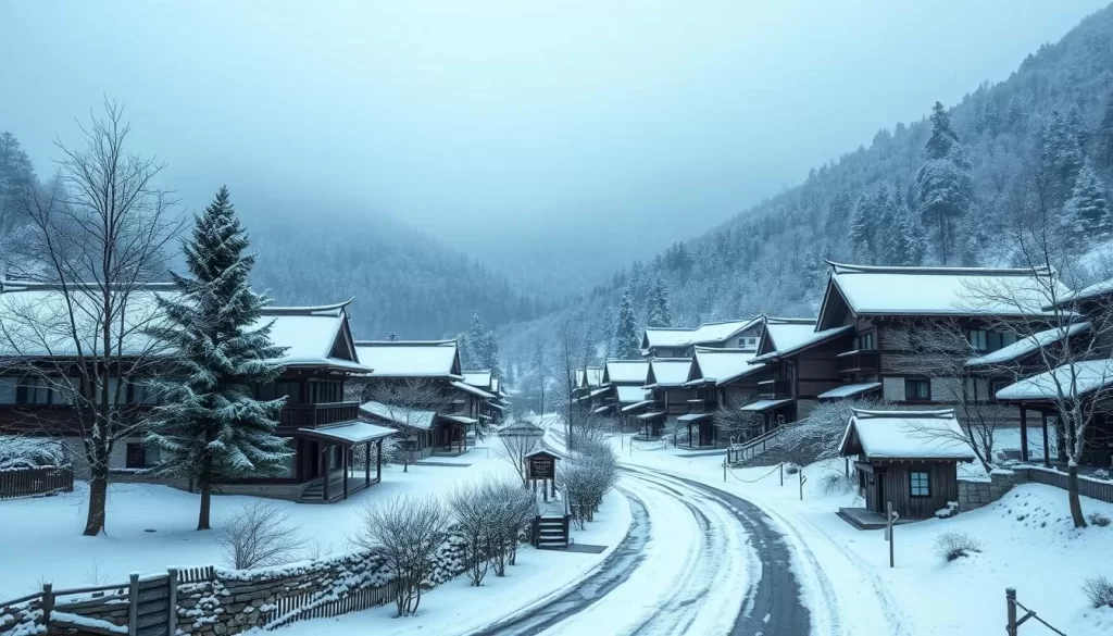 Generate an image of Shirakawa-go village in winter with snow-covered gassho-zukuri farmhouses