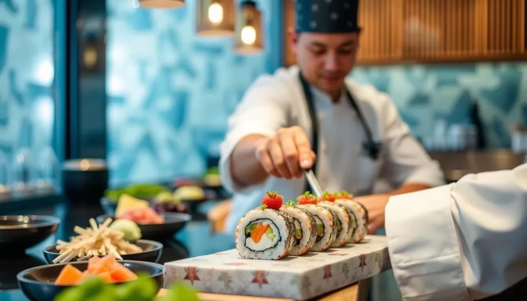 Generate an image of Shojin's omakase bar with a chef preparing a vegan sushi roll.