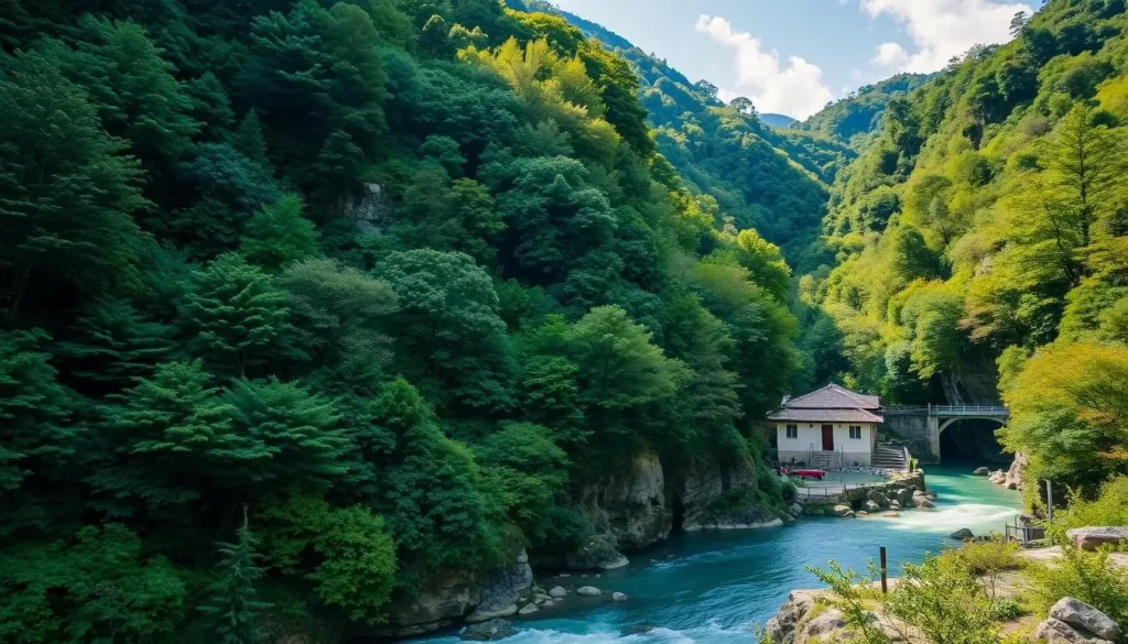 Generate an image of Shosenkyo Gorge with its lush greenery and serene river.
