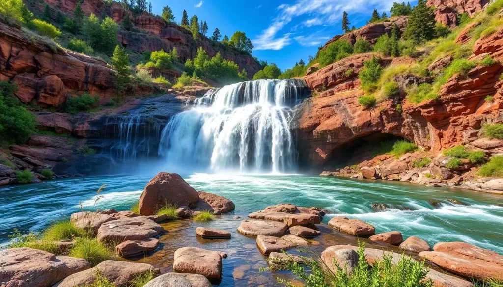 Generate an image of Shoshone Falls with a scenic view of the surrounding landscape.
