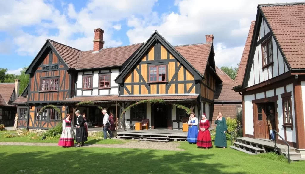 Generate an image of Skansen Open-Air Museum with traditional Swedish buildings and people in period dress.