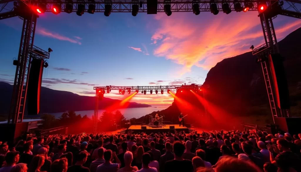 Generate an image of Slottsfjell festival's stage with a rock band performing on a historic hill