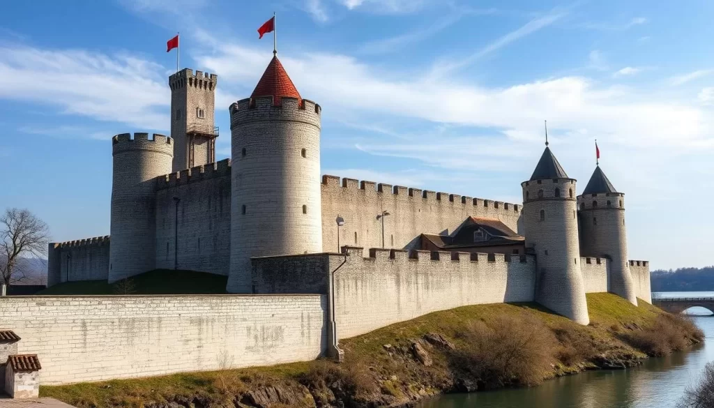 Generate an image of Smederevo Fortress with its imposing walls and towers along the Danube River.