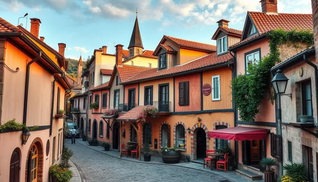 Generate an image of Smederevo's Wine City, showcasing its unique barrel-shaped houses and wine-themed streets.