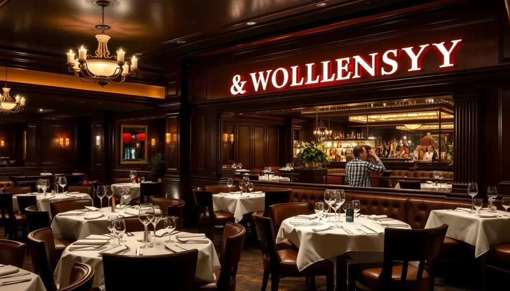 Generate an image of Smith & Wollensky's London location, featuring a classic American steakhouse ambiance with high-quality USDA prime steaks on the menu.