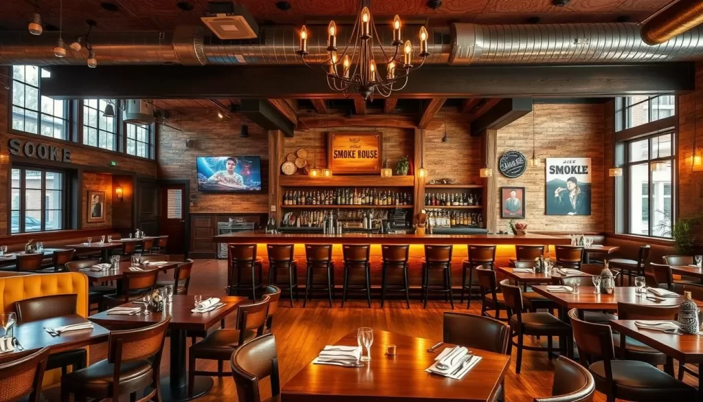Generate an image of Smoke House's rustic, upscale dining room with a large bar and barbecue elements.