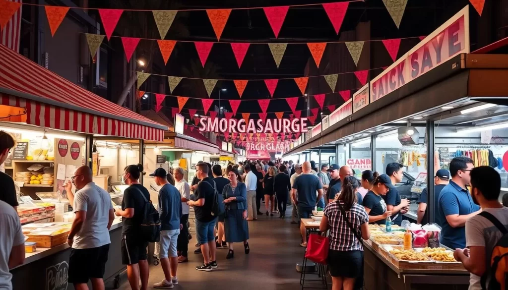 Generate an image of Smorgasburg LA's bustling food market with diverse vendors.