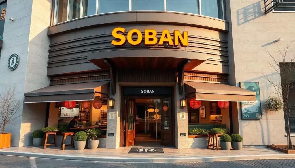 Generate an image of Soban restaurant's exterior, highlighting its modern Korean architecture and welcoming entrance.