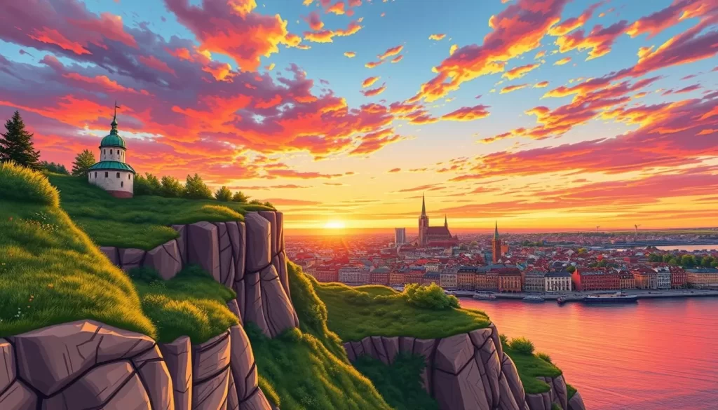 Generate an image of Södermalm's cliffs with Stockholm's cityscape in the background.