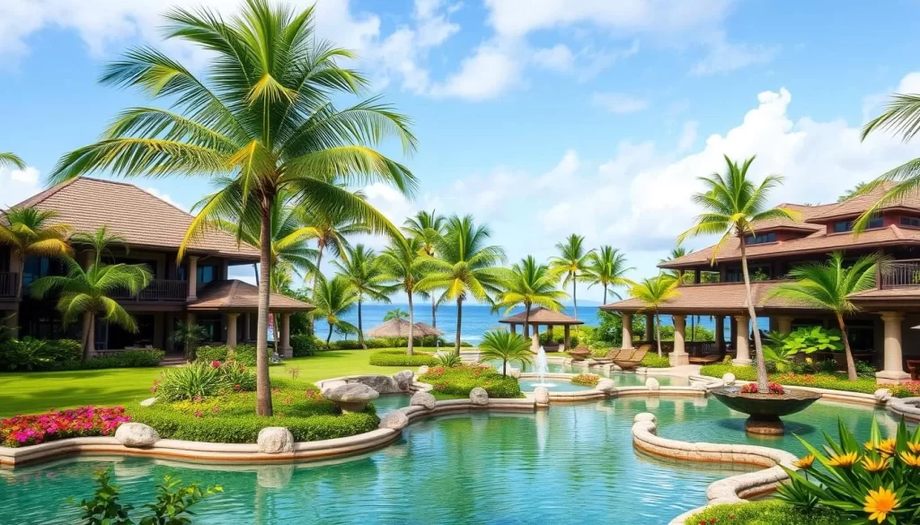 Generate an image of Spa Resort Hawaiians, showcasing its tropical landscape and Hawaiian-inspired architecture.