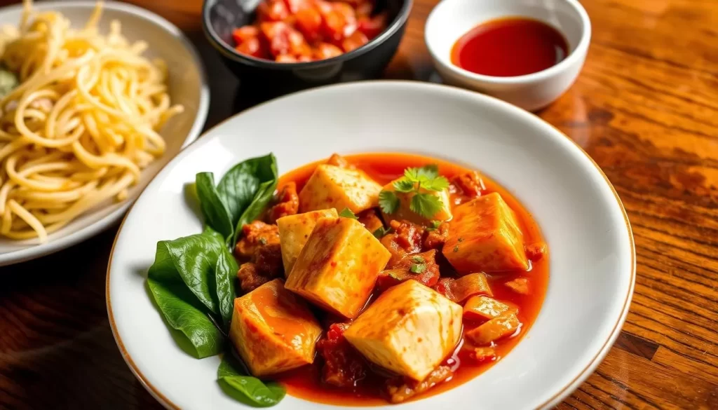 Generate an image of Spicy Moon's mapo tofu dish, showcasing its vibrant colors and appetizing presentation.