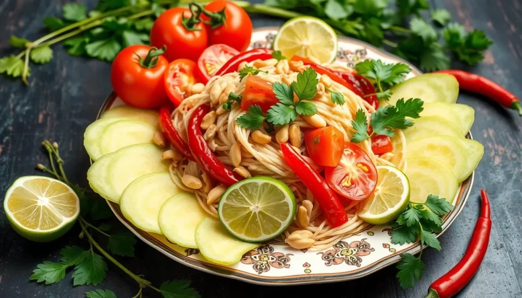 Generate an image of Spicy Sugar's somtum tad (papaya salad platter).