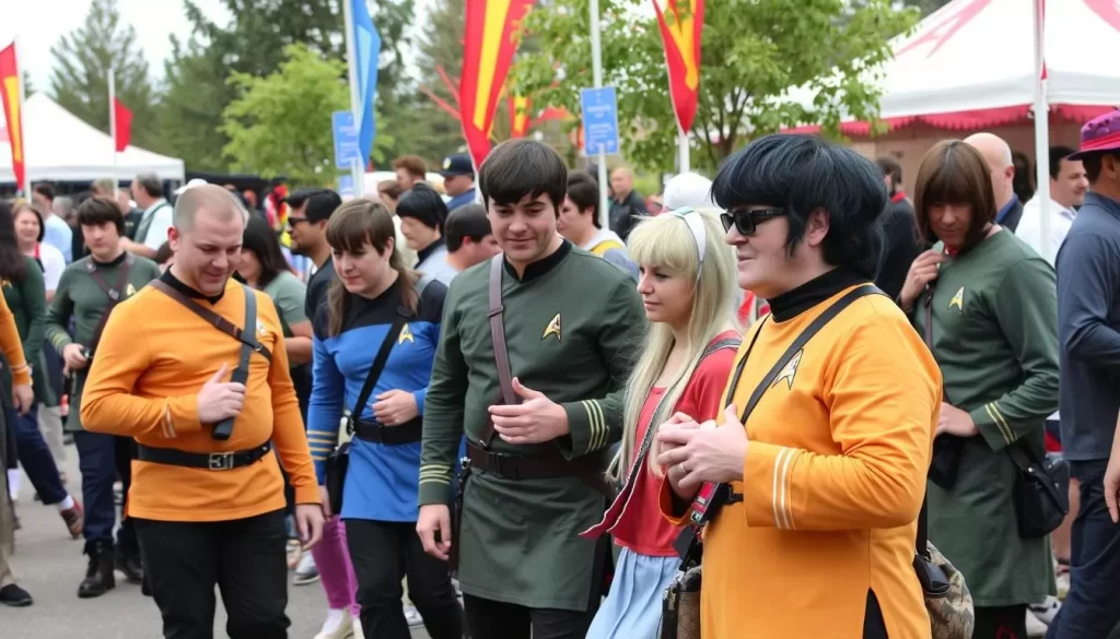 Generate an image of Spock Days in Vulcan, Alberta, featuring Star Trek fans in costume and enjoying the festivities.