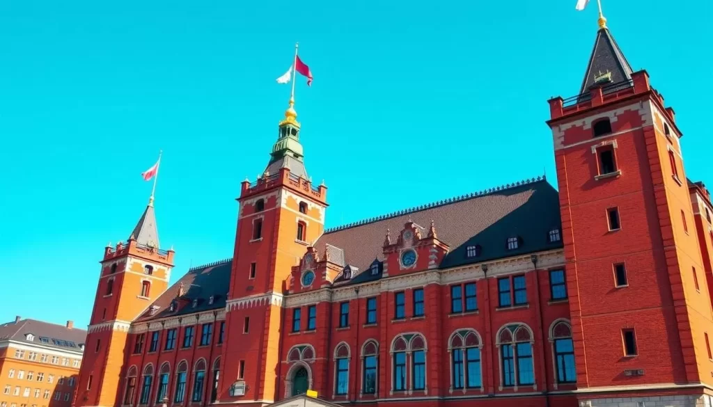 Generate an image of Stockholm City Hall with its iconic red-brick façade and three golden crowns on top.