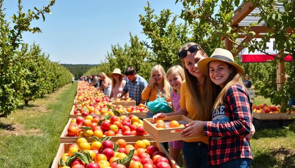 Generate an image of Strites Orchard during a harvest season, showing pick-your-own fruits and other seasonal activities.