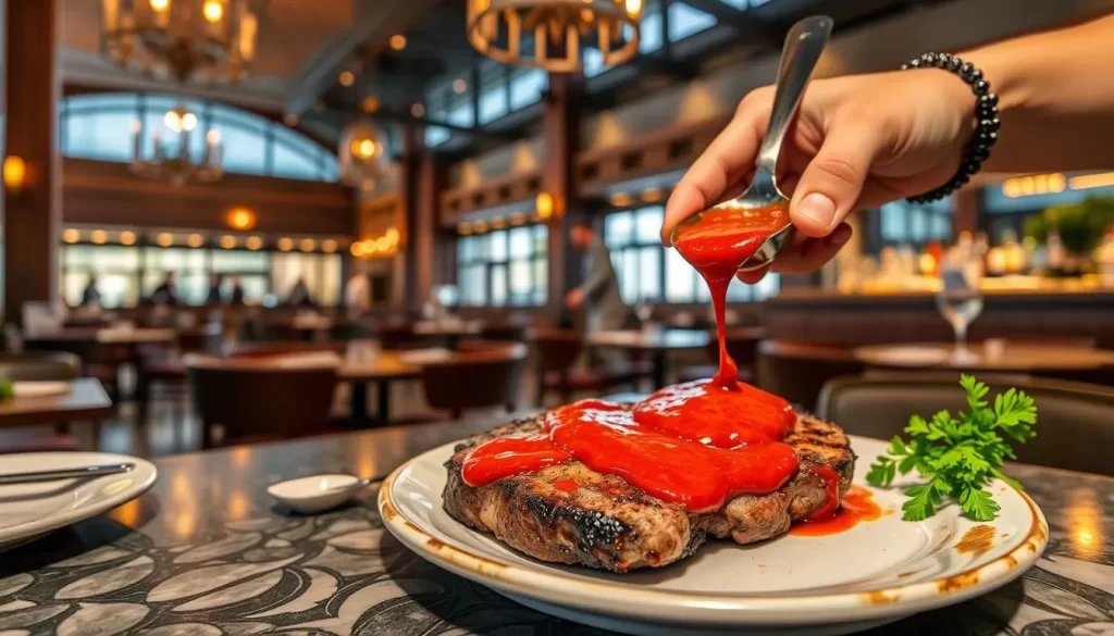 Generate an image of Sucre, an Argentinian steakhouse in a revamped concert hall, with vibrant chimichurri sauce being served alongside grilled steak.