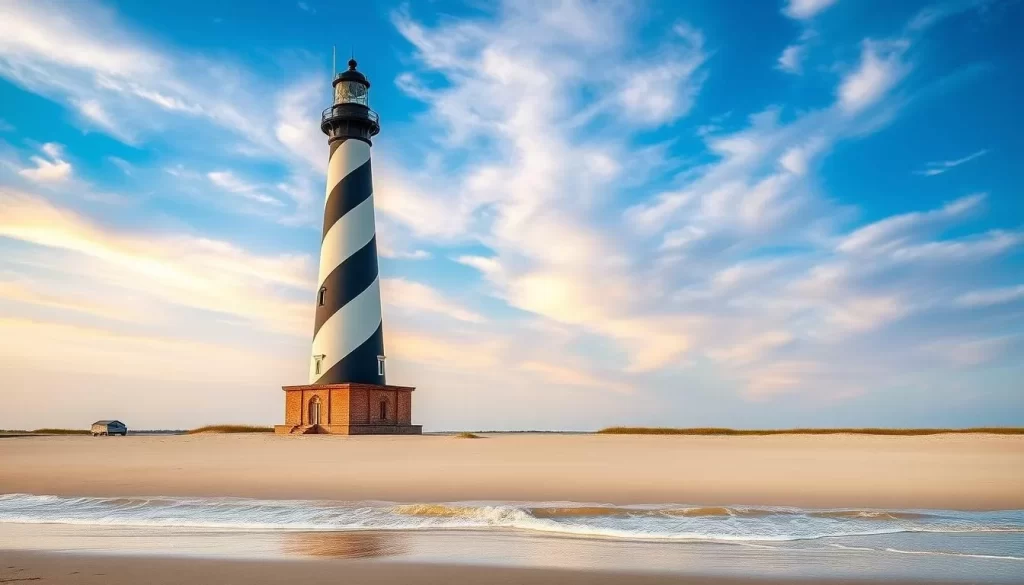 Generate an image of Sullivan's Island Lighthouse, also known as the "Charleston Light," standing tall on the shoreline.