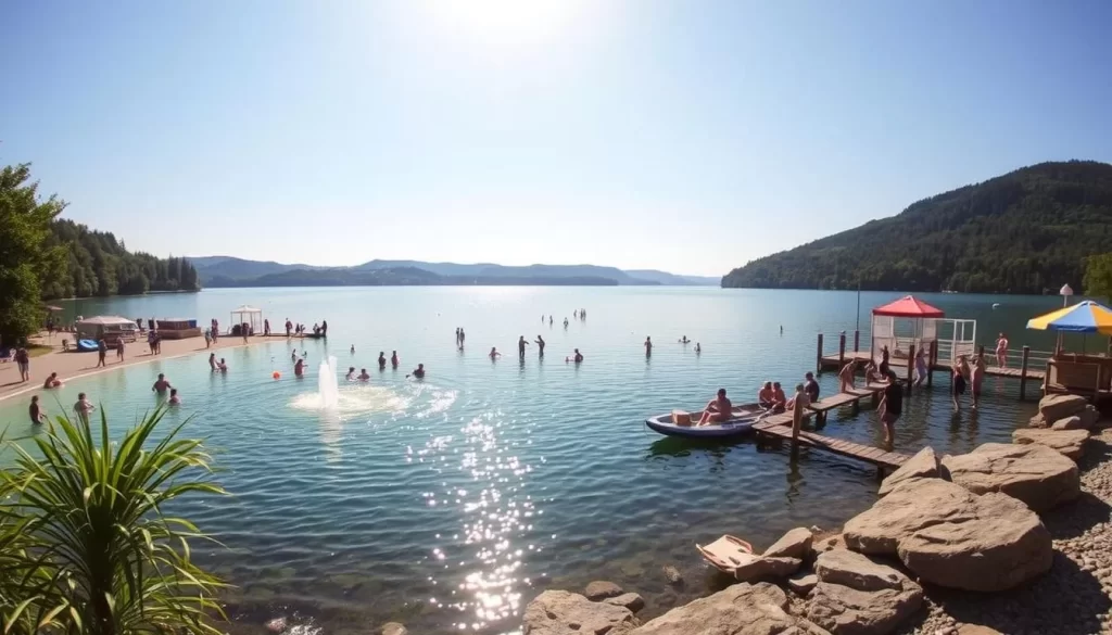 Generate an image of Šumarice Lake, highlighting its swimming area and Adventure Park.